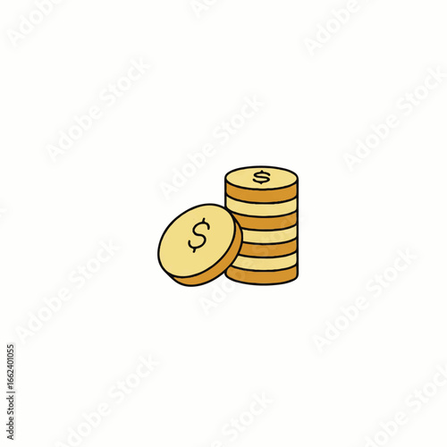 Simple cartoon illustration of a stack of golden dollar coins with a black outline.
