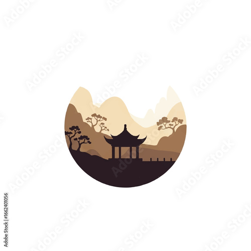 Serene Asian landscape silhouette with a traditional pagoda and layered mountains in a circular emblem.