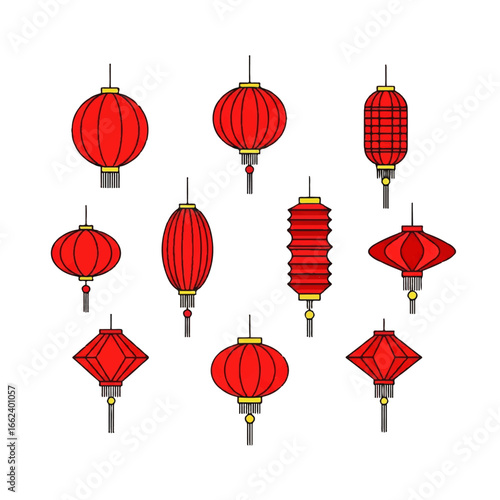 Set of ten traditional red Chinese paper lanterns with gold accents and black outlines featuring various shapes and styles.