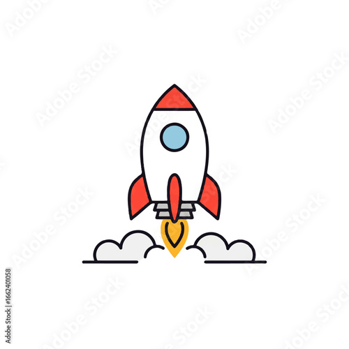 Simple line art illustration of a cartoon rocket launching with red fins and a blue window.