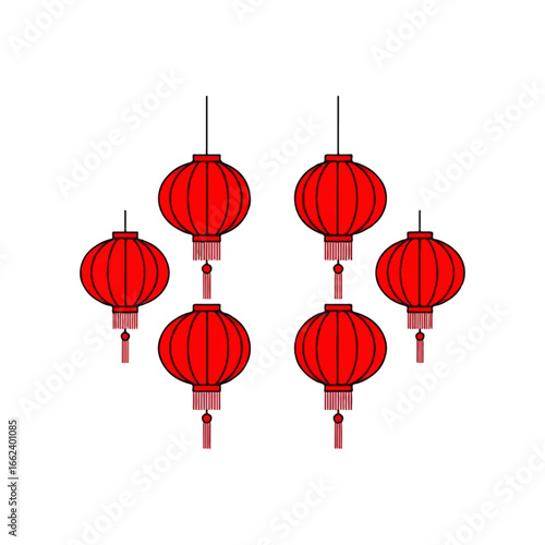 Set of six hanging red Chinese lanterns with tassels flat vector illustration style.