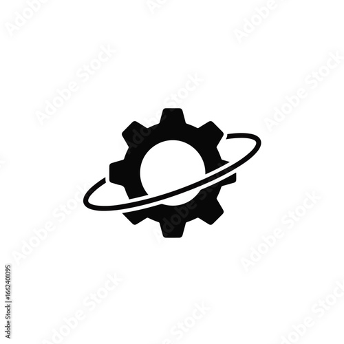 Simple black gear icon with seven cogs and a surrounding orbital swoosh.