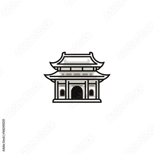 Stylized black and white illustration of a traditional Asian temple with a twotiered curved roof.