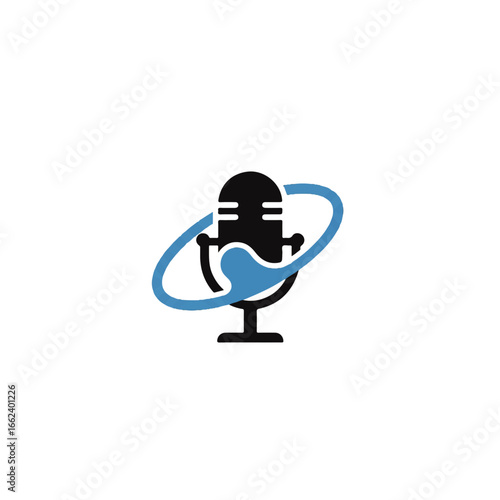Stylized black retro microphone logo with a dynamic blue orbital ring.