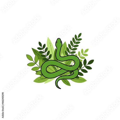 Stylized green snake with a black outline coiled among lush green leaves and foliage.