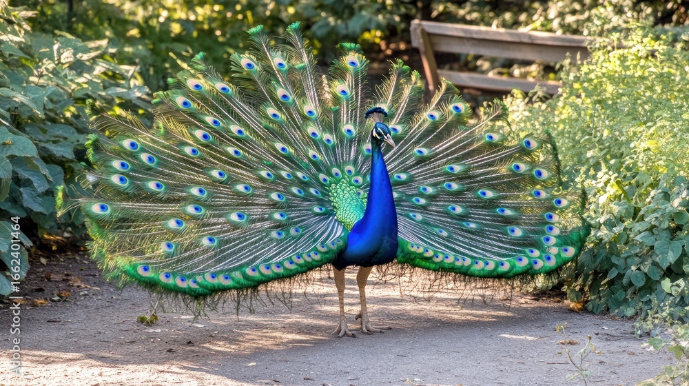Obraz premium Peacock displaying vibrant plumage in a garden setting
