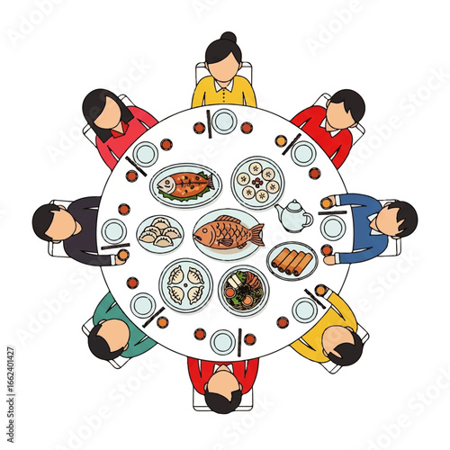 Topdown illustration of a family gathering around a round table for a festive Asian dinner feast.