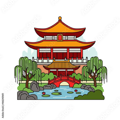 Vibrant line art illustration of a traditional Asian pagoda with a serene garden pond and bridge.