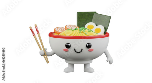 A cheerful, cartoon-style bowl of ramen noodles with a smiling face, holding chopsticks, ready to be enjoyed.