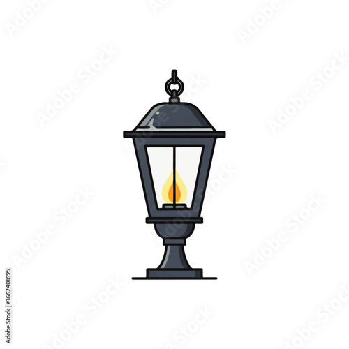 Vintage grey street lantern with a glowing flame classic cartoon vector illustration.