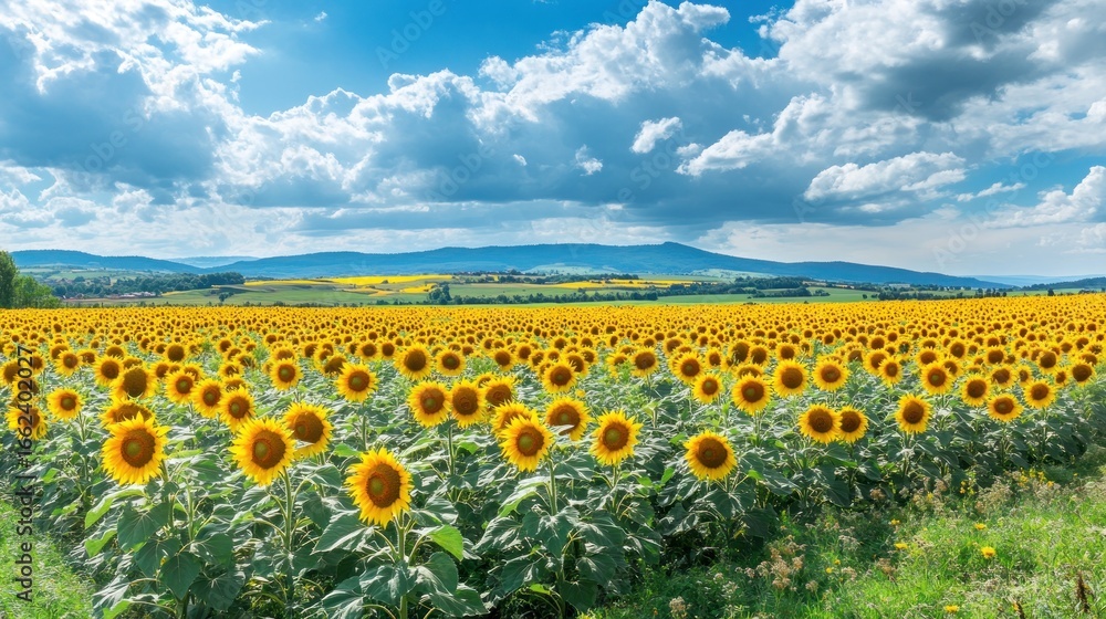Obraz premium Sunflowers field stretches to a distant horizon under a partly cloudy sky