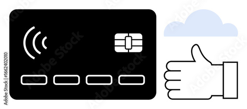 Bank card with RFID, chip, and signal lines, thumbs-up icon, and cloud shape. Ideal for fintech, contactless payment, banking, e-commerce digital wallets modern technology simple landing page