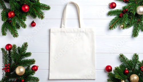 White tote bag surrounded by Christmas greenery