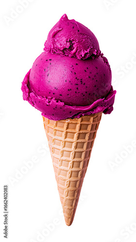 Dragon fruit sorbet is presented in a waffle cone, featuring its textured surface and vibrant color.