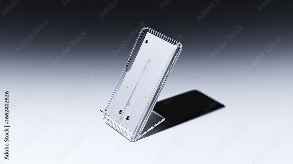 A small, white card with subtle green and orange dots, displayed vertically in a clear acrylic stand against a gradient background.  The card features a thin, central line