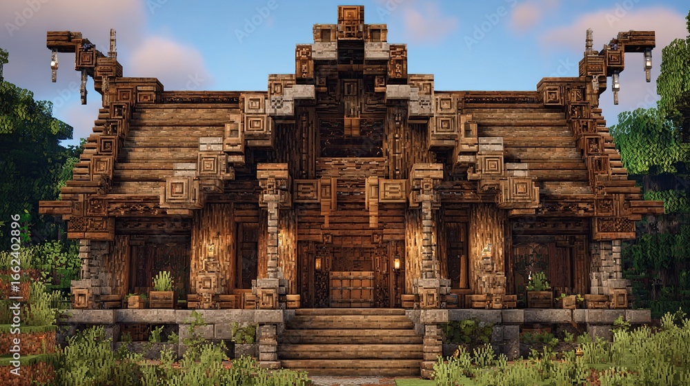 Naklejka premium Intricate wooden longhouse with tiered roof, carved details, stone base, and flanking pillars, set in a verdant forest