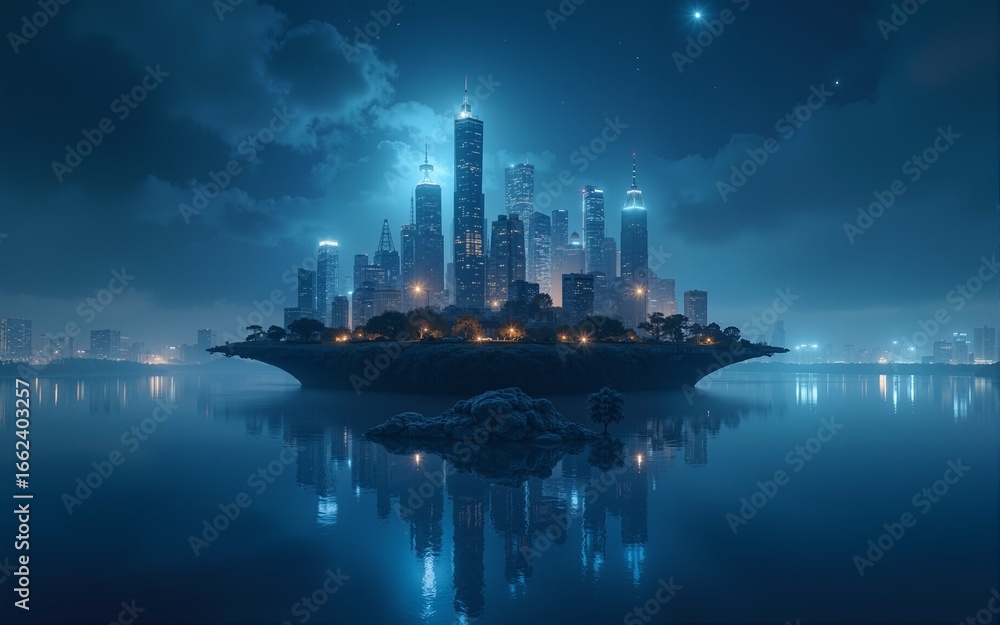 Fototapeta premium Ethereal Floating Island Cityscape at Night. High quality