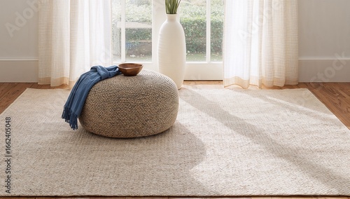 Cozy bright room beige textured rug pouf with blue blanket on flooring