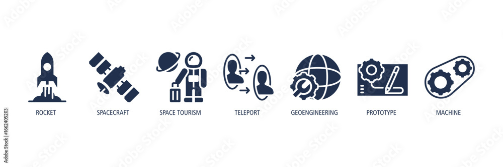 Naklejka premium Space Exploration glyph Icons Web Banner – Rocket, Spacecraft, Space Tourism, Teleport, Geoengineering, Prototype, Machine