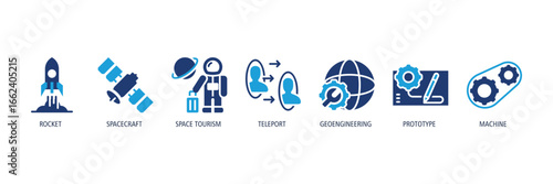 Space Exploration glyph duotone Icons Web Banner – Rocket, Spacecraft, Space Tourism, Teleport, Geoengineering, Prototype, Machine