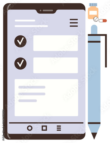 Tablet displaying a checklist with two completed tasks next to a stylus pen and medicine blister pack. Ideal for productivity, healthcare, technology, organization, digital tools, medication