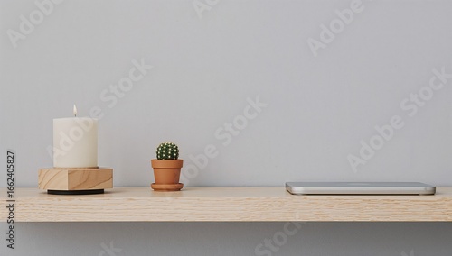 Minimalist desk setup with potted cactus and simple candle on wooden shelf