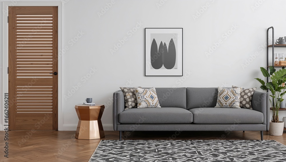 Fototapeta premium Modern gray sofa living room with abstract art and wooden door accent