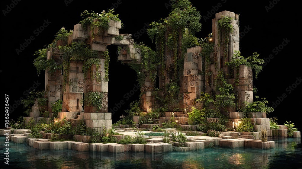Naklejka premium Overgrown stone ruins on a small island, partially submerged in tranquil teal water, featuring an archway, overgrown with lush vegetation and illuminated by soft light sources