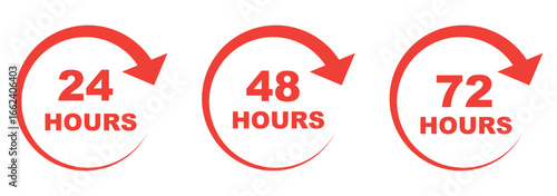 12, 24, 48, 72 hours clock arrow. symbol work time, delivery and service time. 12, 24, 48 and 72 hours clock arrow. Delivery and service time. Vector Illustration.