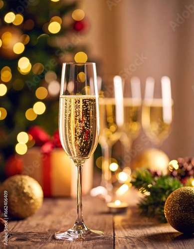Festive champagne flutes on wooden table