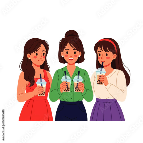 Three cheerful young women enjoy boba tea together, sharing a happy moment of friendship.