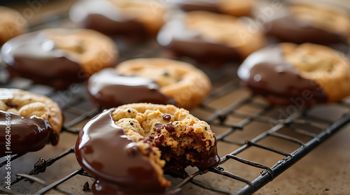 Delicious chocolate dipped peanut butter cookies cooling on a wire rack indoors