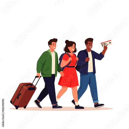 Three young friends, excitedly walking to their gate, luggage in tow, embark on a joyful adventure.