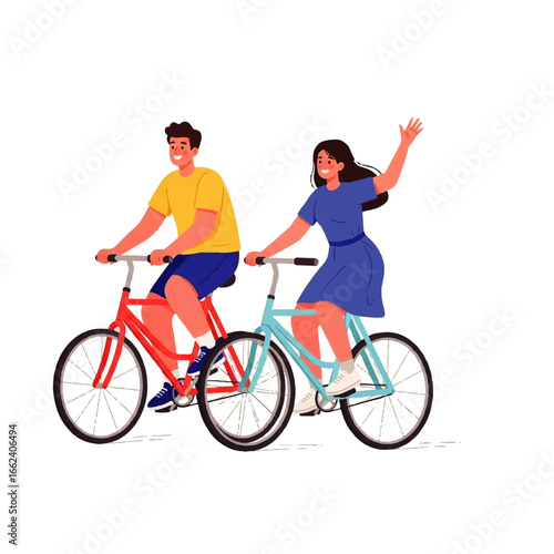 A happy young couple enjoys a carefree bike ride, the woman waving cheerfully as they cycle along.