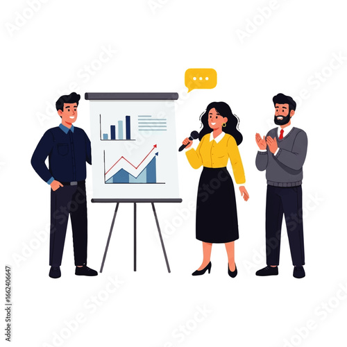 A confident businesswoman gives a successful presentation to colleagues, showcasing upward trending graphs and receiving enthusiastic applause in a modern office setting.