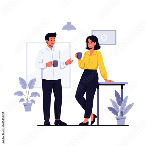 Two cheerful colleagues enjoy a coffee break, engaging in animated conversation in a modern office setting.