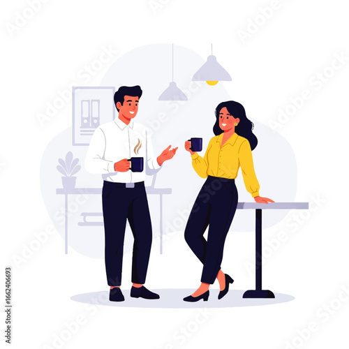 Two smiling colleagues enjoy a coffee break, engaging in friendly conversation in a modern office setting.