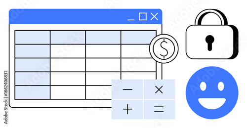 Table layout with dollar coin, padlock, calculator operations, and happy face icon. Ideal for finance, security, positivity, budgeting, planning management simple landing page