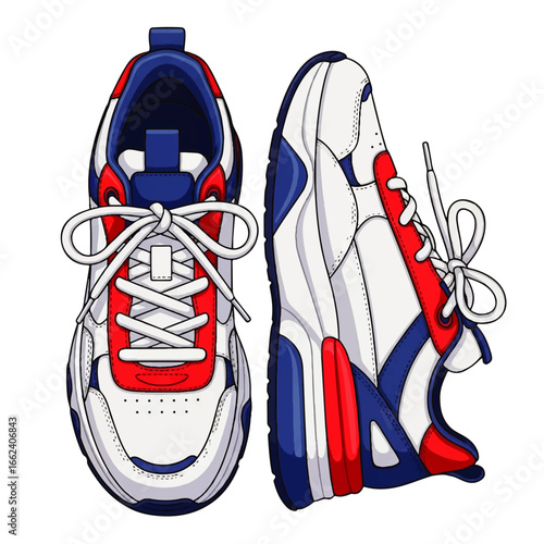 A pair of stylish red, white, and blue sneakers with neatly tied laces rests against a clean white background, conveying a sense of modern athleticism.