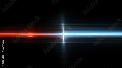 Abstract depiction of two opposing energy beams converging, cross-shaped, against a dark void