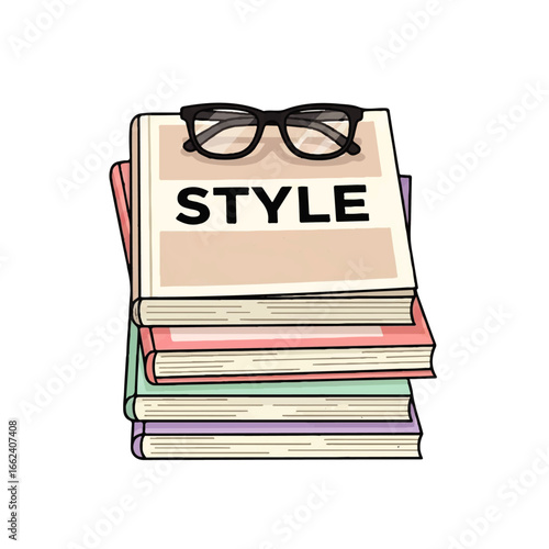 A stack of books, topped with eyeglasses, rests against a white background, conveying a sophisticated and studious mood.