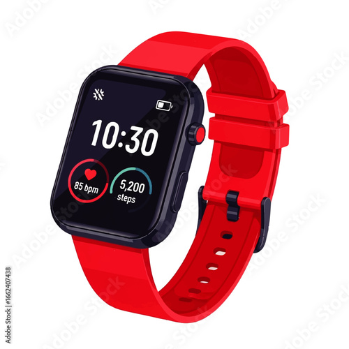A vibrant red smartwatch displays 10:30 AM, showing 85 bpm heart rate and 5,200 steps, suggesting a healthy and active lifestyle.