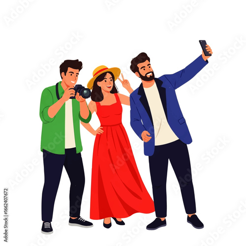 A stylish group of friends poses for photos, one taking a selfie, another capturing the moment with a professional camera, against a white background, conveying joy and spontaneity.