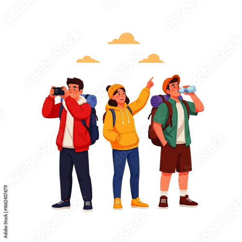 Three young hikers, one taking photos, another pointing, and the third drinking water, enjoy a sunny day exploring nature.