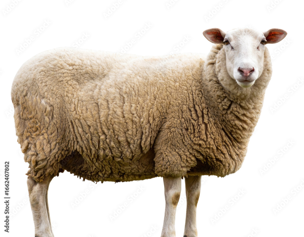 Fototapeta premium Angled Side View of a Sheep Grazing, Transparent Background