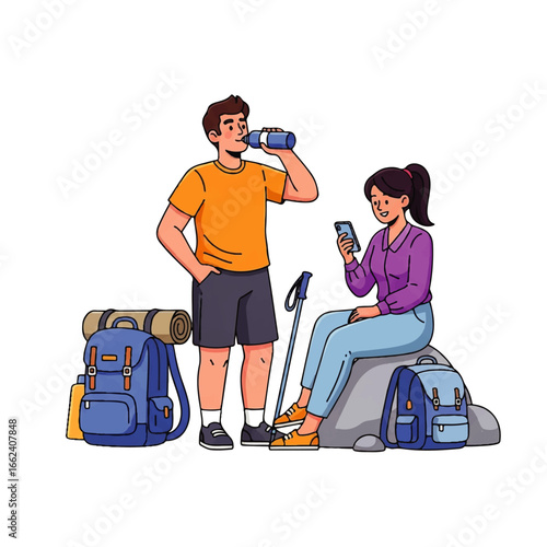 A hiking couple rests on a rock, one drinking water, the other checking a map on her phone, enjoying a refreshing break amidst nature.
