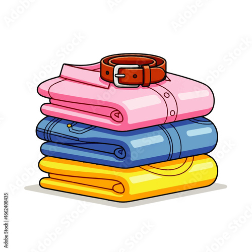 A neatly stacked pile of pink, blue, and yellow shirts with a brown leather belt on top, representing order and preparedness.