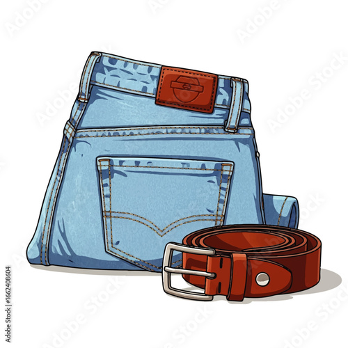Light blue jeans with a brown leather belt lie casually on a white background, conveying a relaxed and stylish mood.