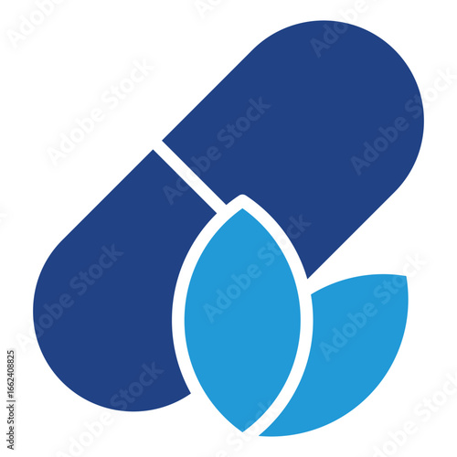 The leaf capsule icon symbolizes nature, herbal plants, and natural ingredients mean herbal supplements, or plant extracts packaged in an easy-to-consume form.