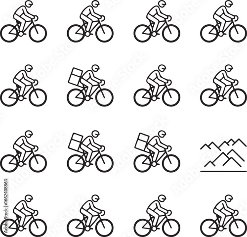 Cyclist riding bicycle with delivery box and mountain landscape